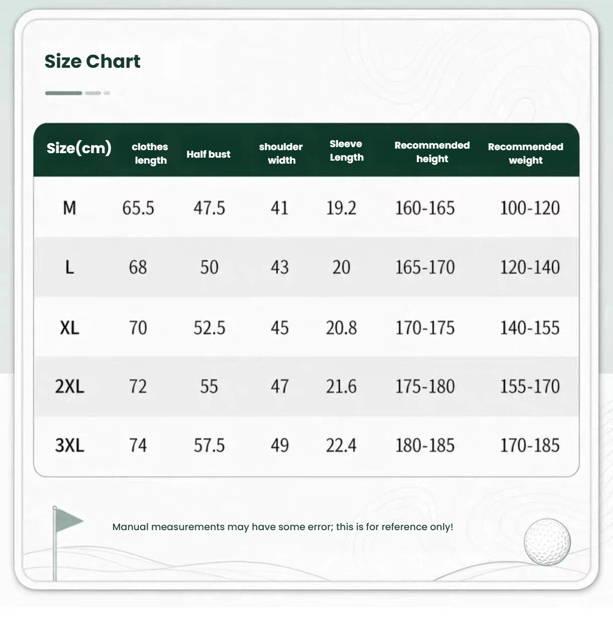 Forden Golf men’s golf polo shirt size chart