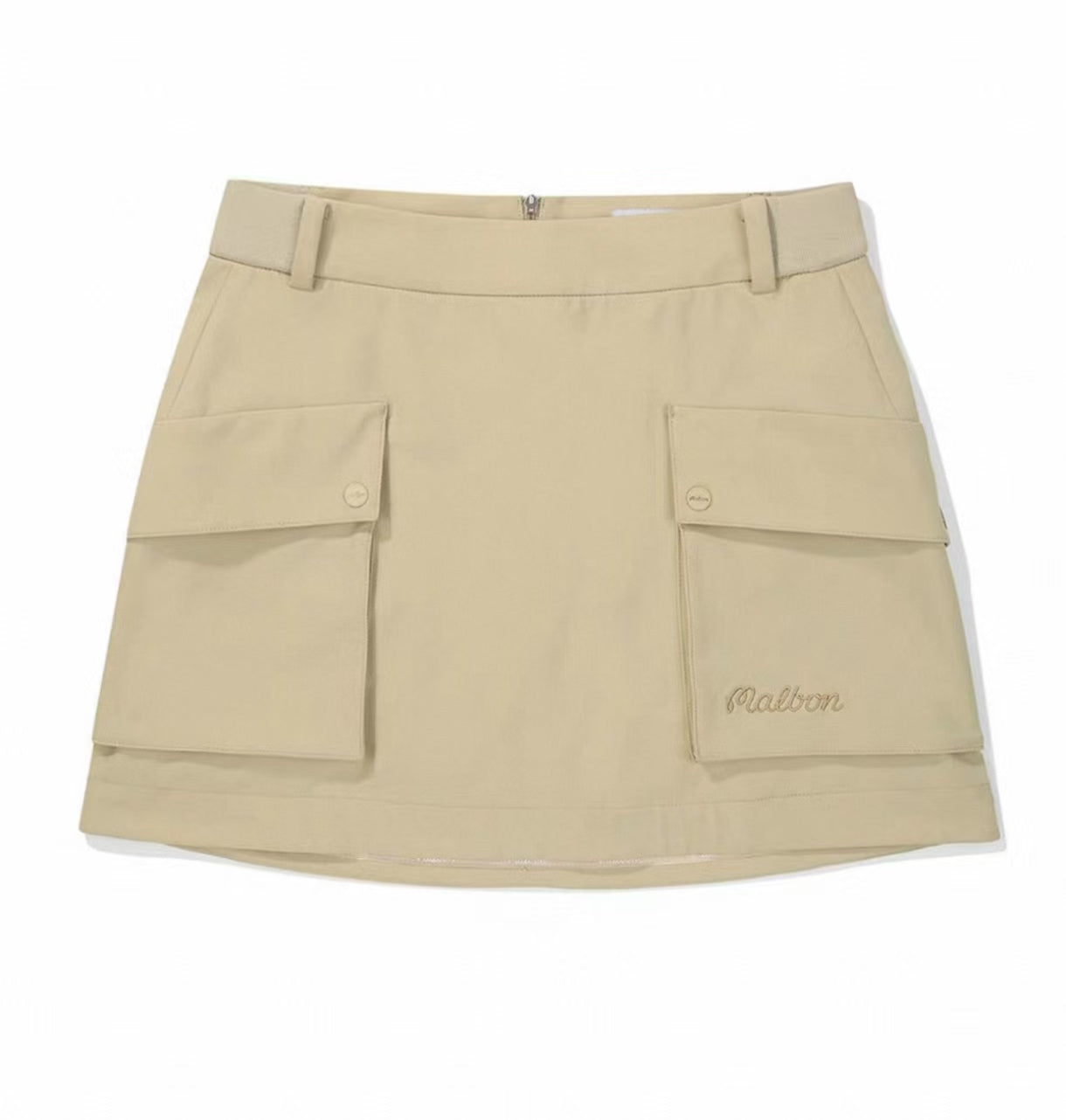 Malbon women's solid pleated golf skort with pockets in Khaki, front view