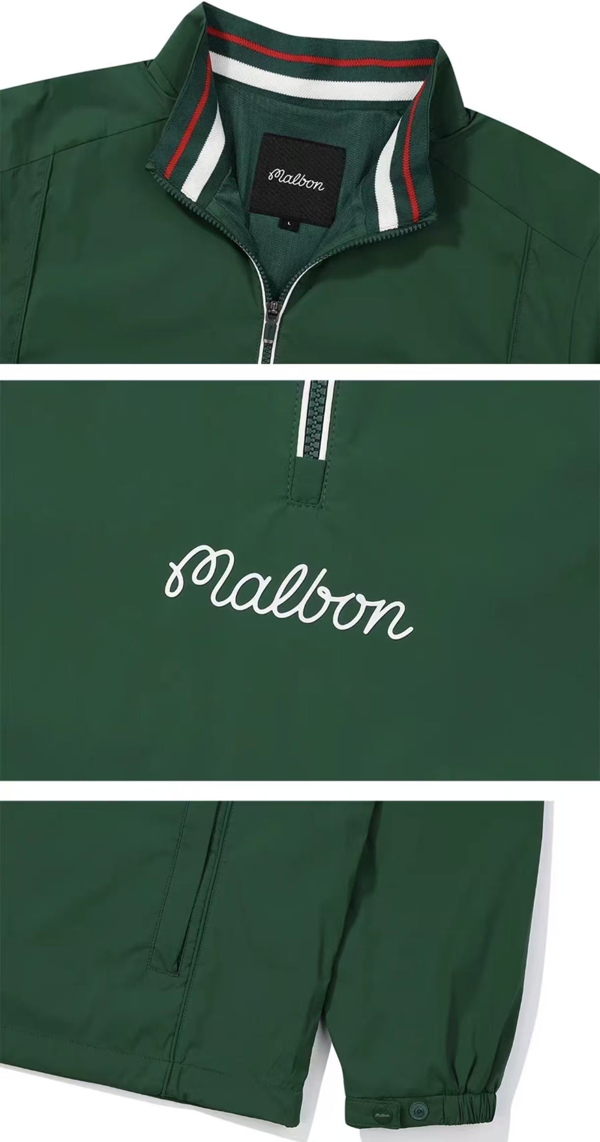Malbon Golf Men’s Quick-Dry Stand Collar Half-Zip Pullover green collar and logo detail