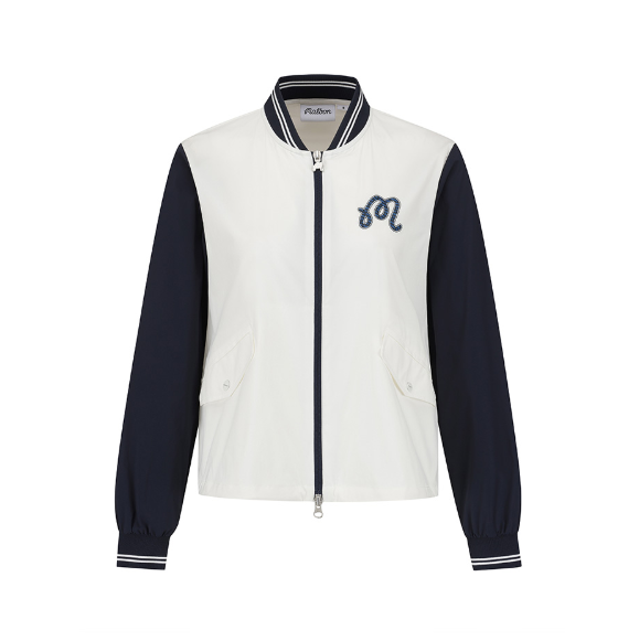 Malbon women's stand collar lightweight breathable golf jacket in Navy Blue, front view
