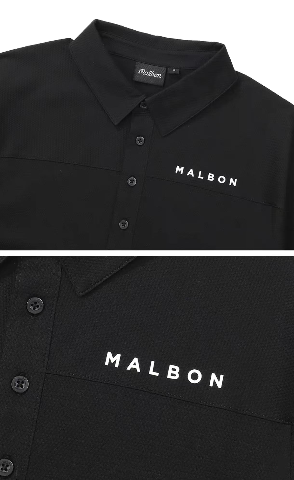 Malbon men's casual quick-dry golf polo shirt in Black, logo and fabric detail