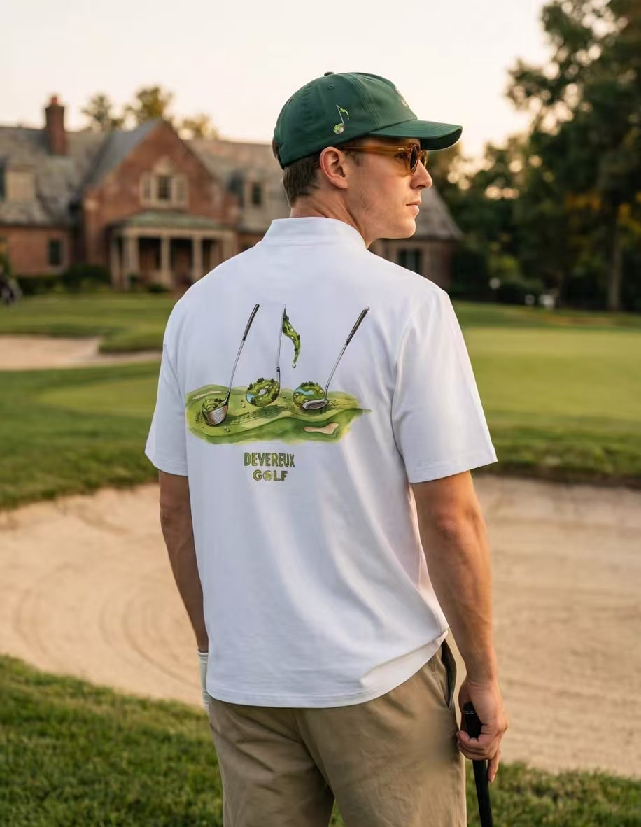 Devereux Golf Men’s White Breathable Mock Neck Printed Golf Shirt