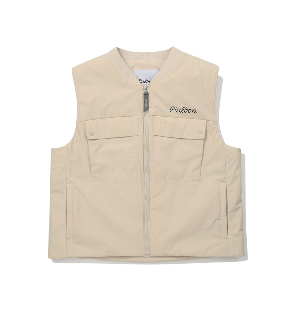 Malbon women's lightweight cargo windproof golf vest in Beige, front view