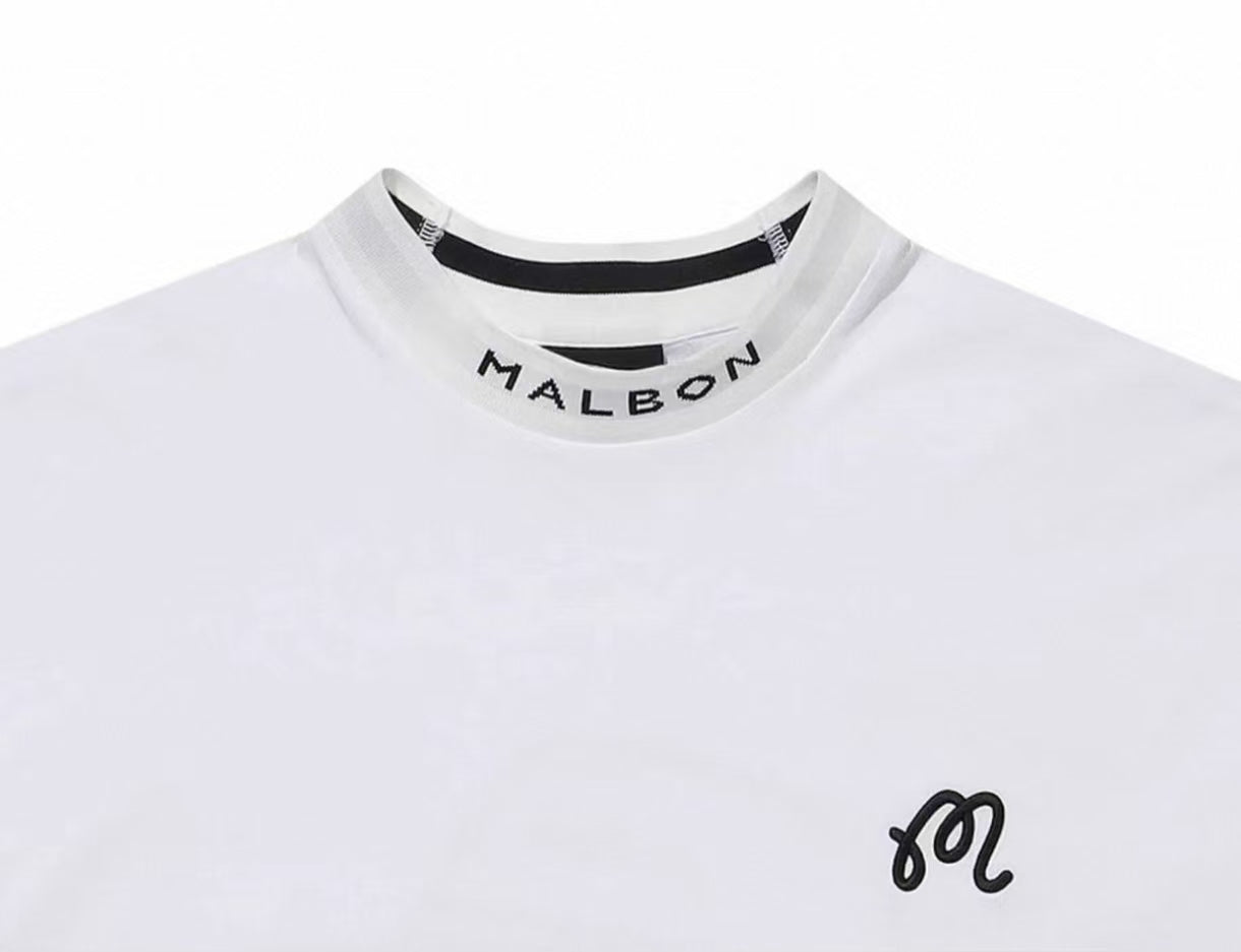Malbon men's relaxed-fit cotton crewneck golf T-shirt in White, logo and fabric detail