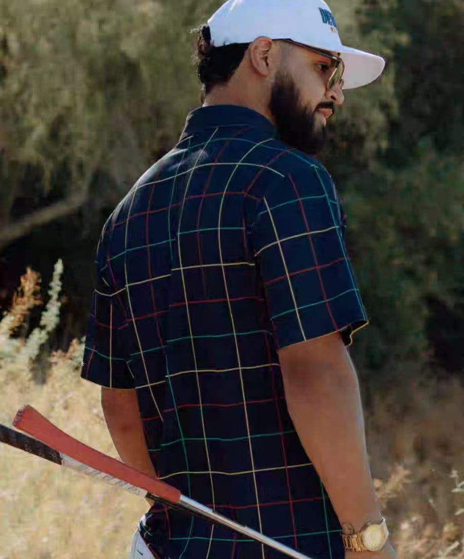 Devereux men’s Navy plaid rear model view
