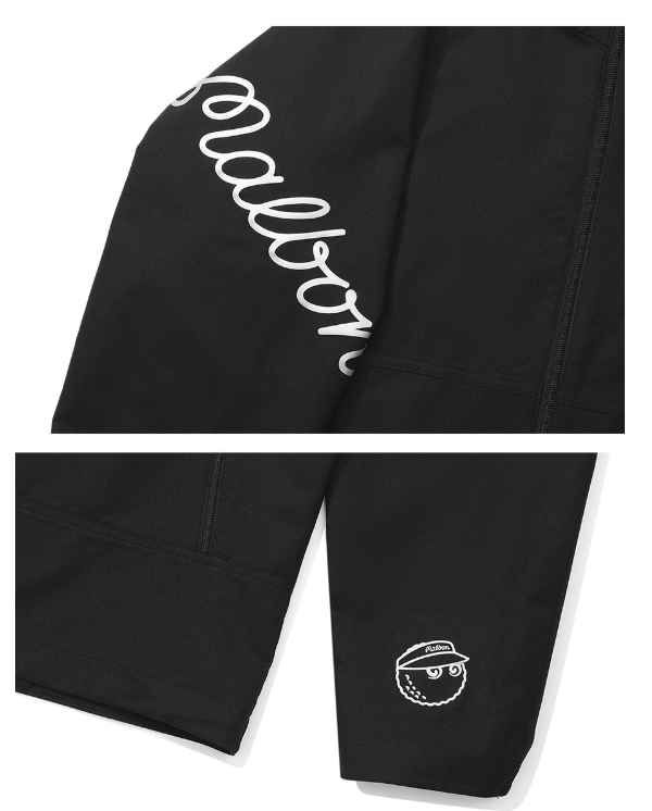 Malbon men's black stand collar windproof golf jacket sleeve and cuff logo detail