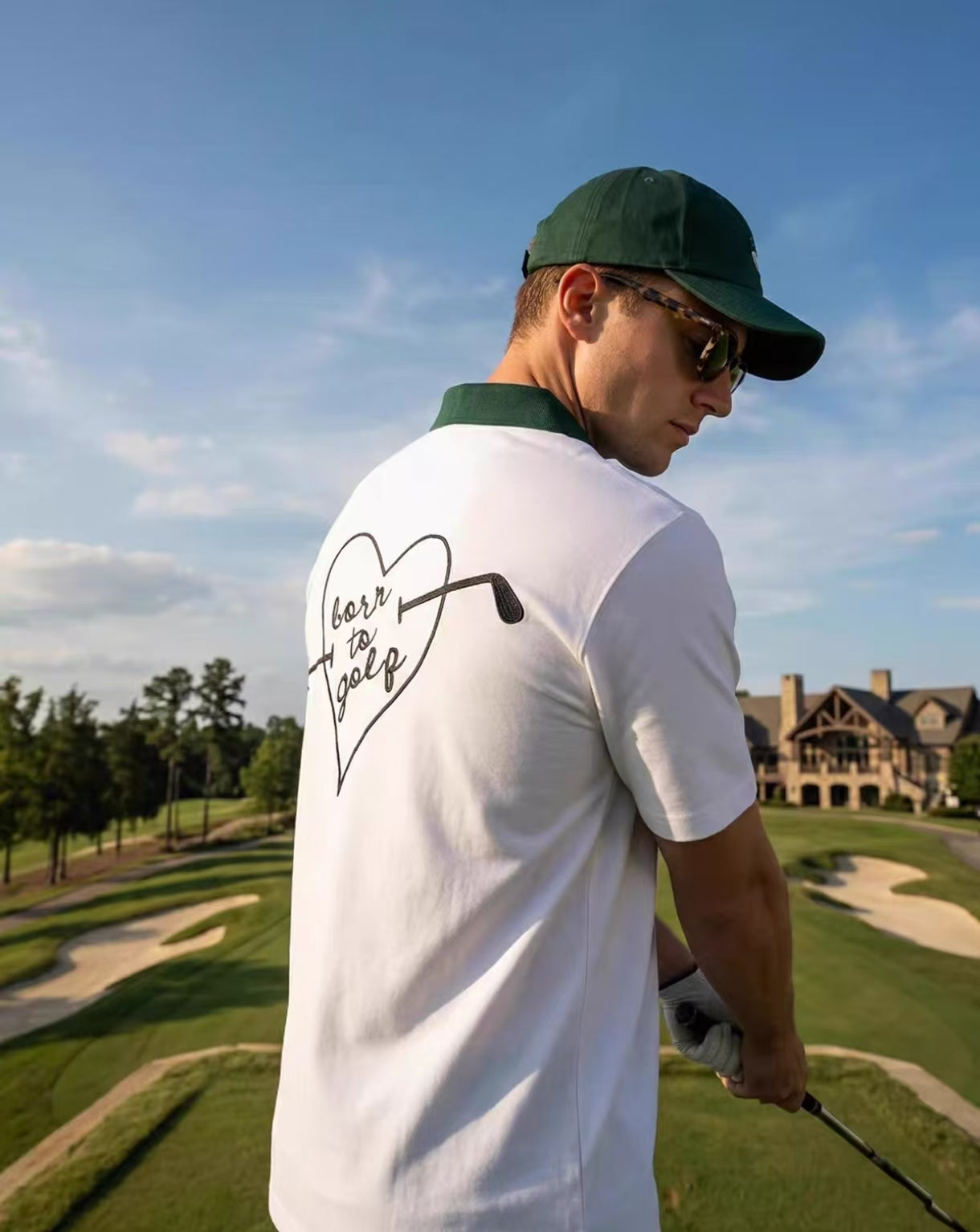 Devereux heart-print golf polo full outfit on model