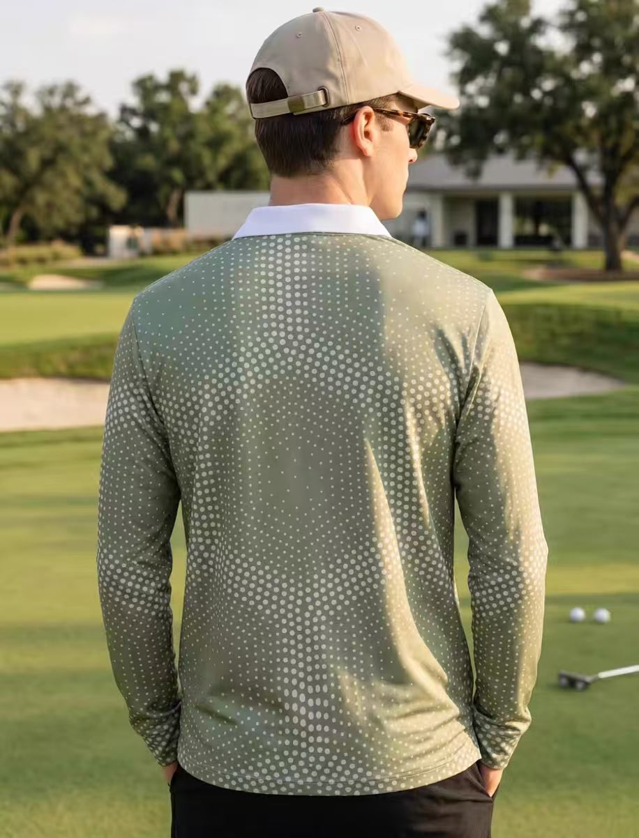 Devereux Golf Men’s Green Gradient Polka Dot Long Sleeve Polo Shirt in Green - product view