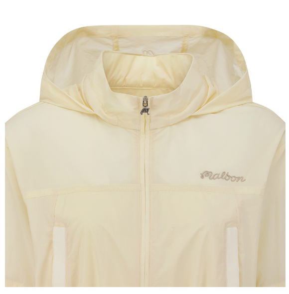 Malbon women's slim-fit UV-protection breathable hoodie in Beige, pocket and trim detail
