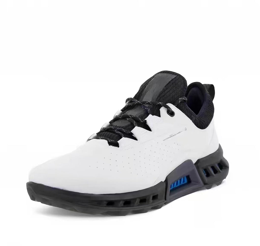 men’s leather anti-slip golf shoes in White & Black, side profile