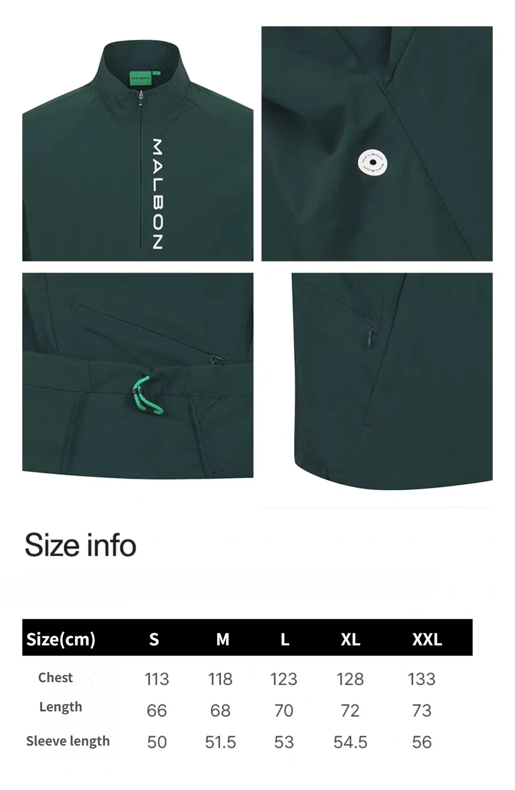Malbon men Green short-sleeve half-zip golf jacket size chart