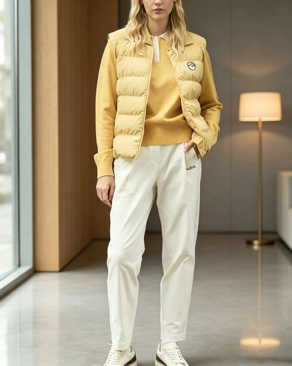 Malbon Golf Women’s Knit Collar Insulated Down Vest yellow model full-body view