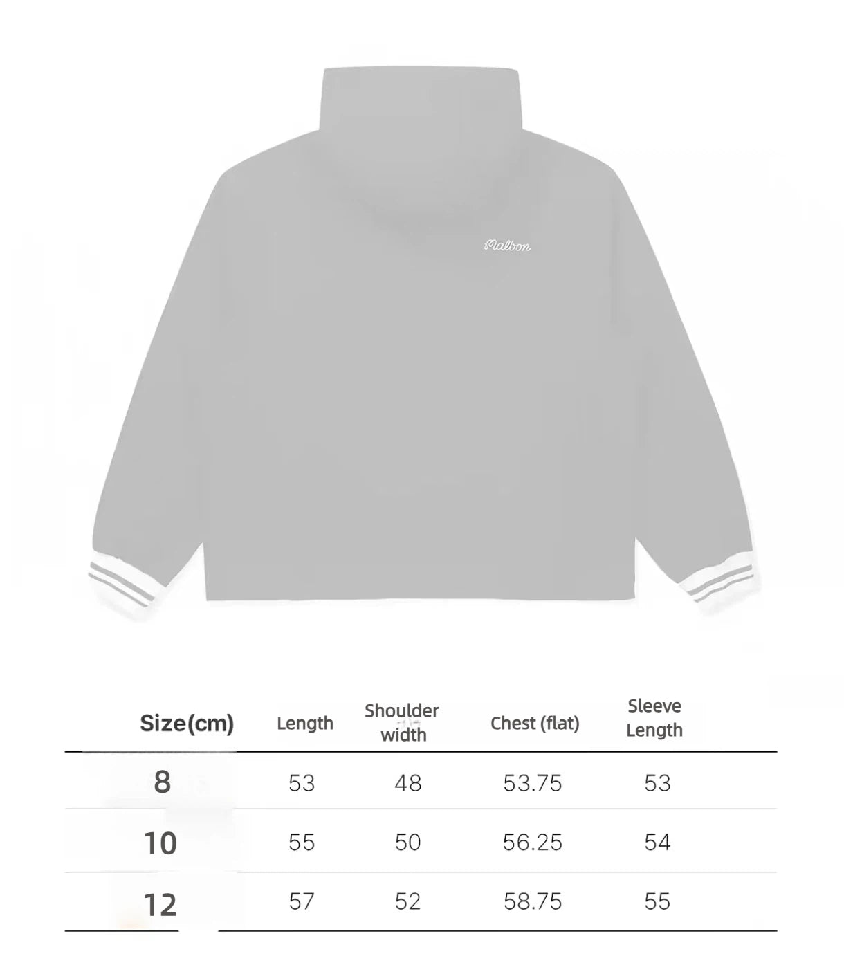 Size chart for Malbon women's hooded lightweight windproof jacket
