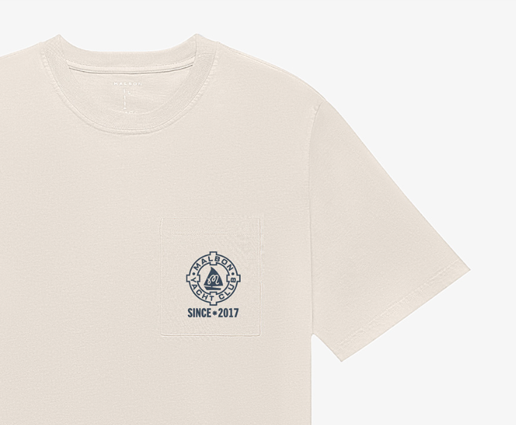 Malbon men's Vesta crewneck golf T-shirt in Cream, logo and fabric detail