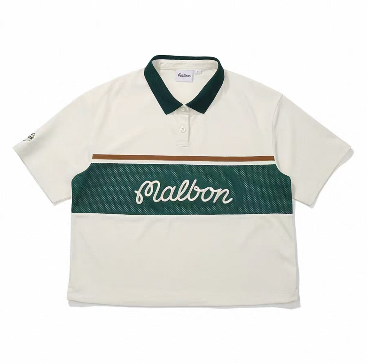 Malbon women's quick-dry collared golf top in Beige - front view