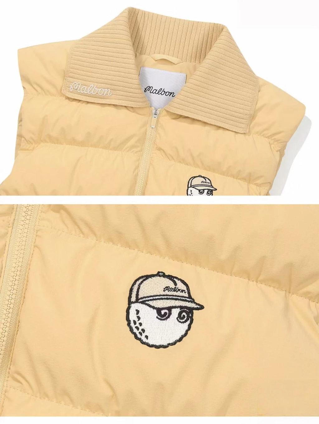 Malbon Golf Women’s Knit Collar Insulated Down Vest yellow collar and logo detail