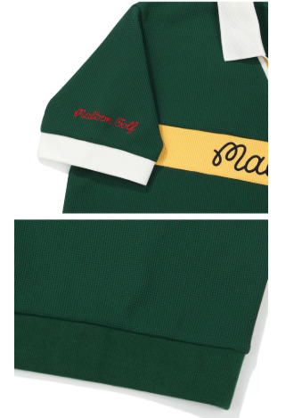 Green Malbon men's golf polo sleeve and hem detail