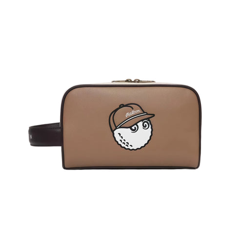 Brown Malbon golf pouch featuring a cute golf ball character wearing a matching cap. Durable design with wrist loop and secure double-zip closure.
