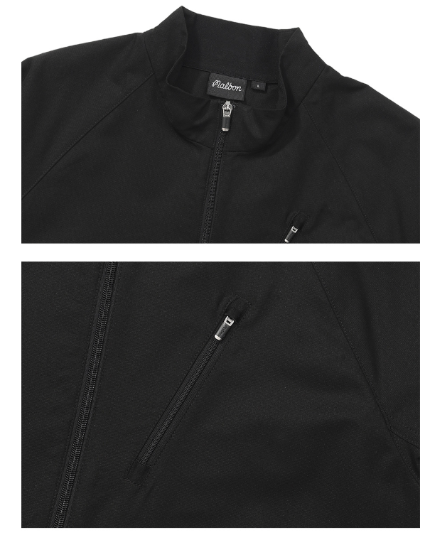 Malbon men's black stand collar windproof golf jacket collar and zip detail