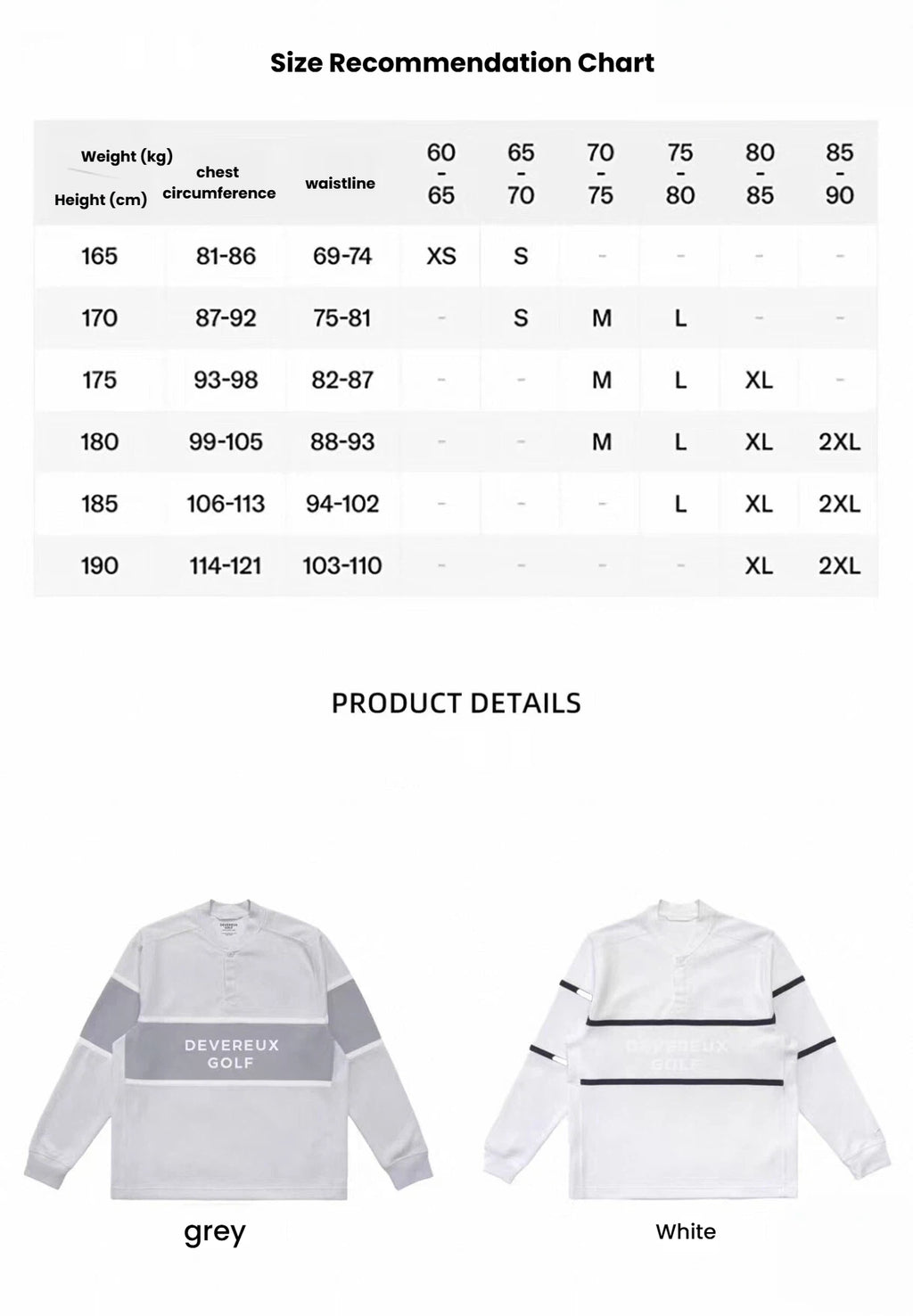 Devereux Golf men’s golf sweatshirt size chart