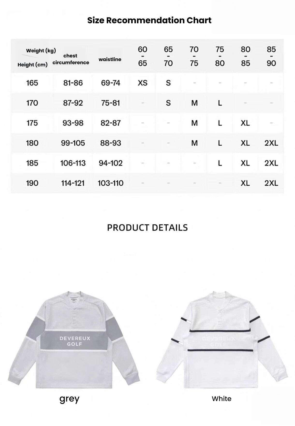 Devereux Golf men’s golf sweatshirt size chart