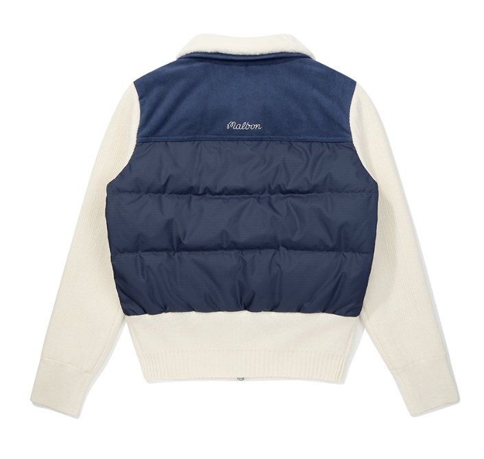 Malbon women's knit hybrid insulated down golf jacket in Navy Blue, back view