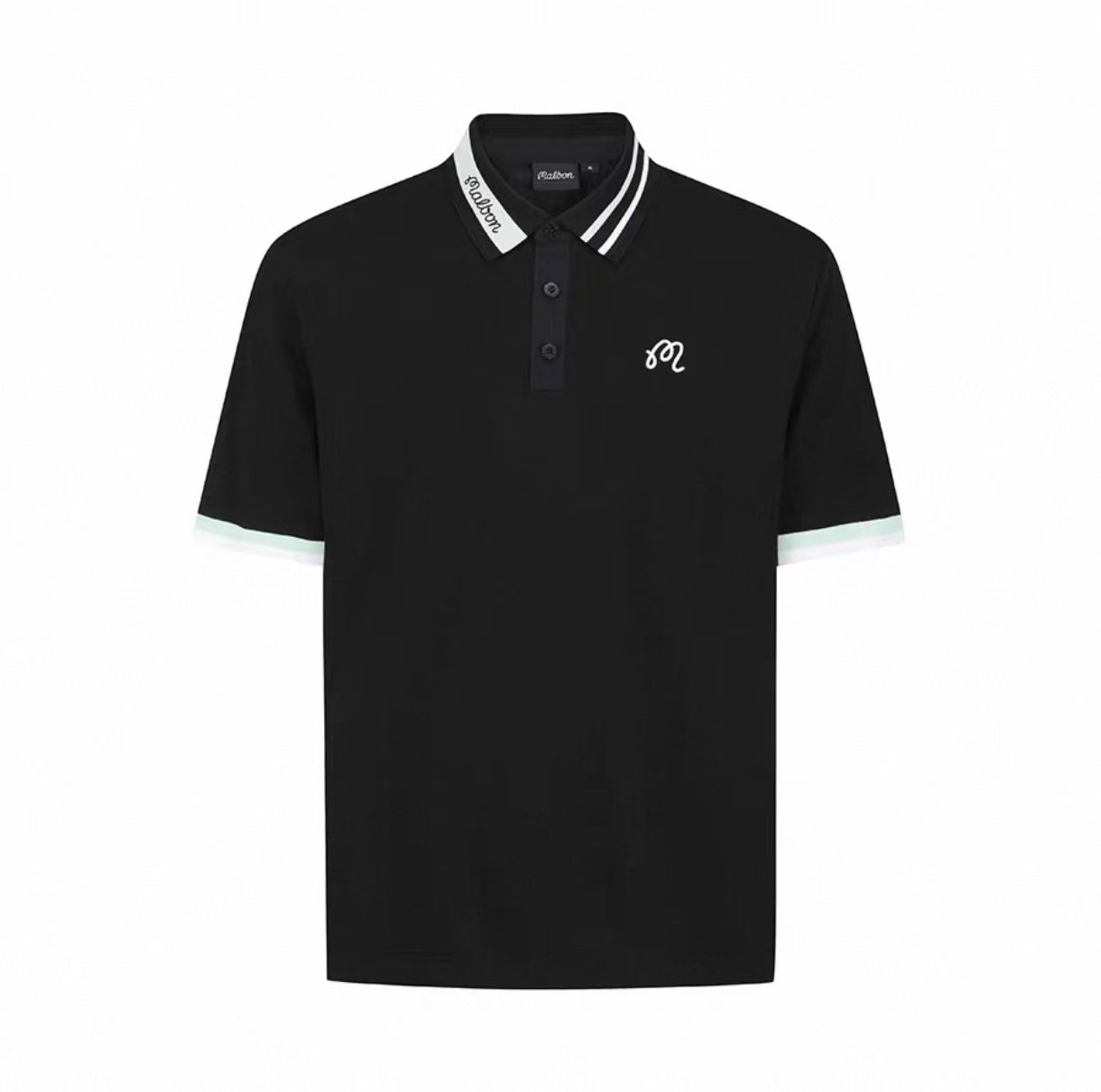 Malbon men's athletic contrast-collar golf polo shirt in Black, front view
