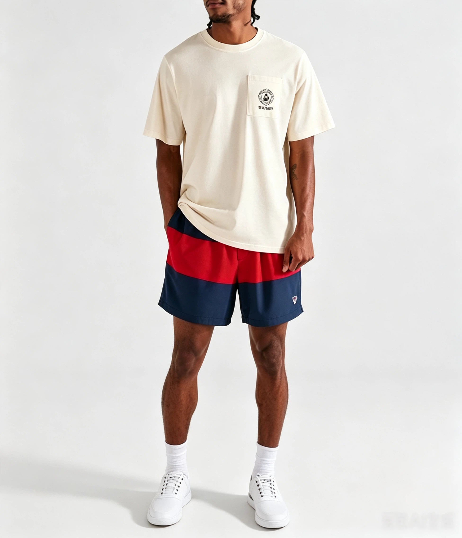 Malbon men's Vesta crewneck golf T-shirt in Cream, lifestyle back view