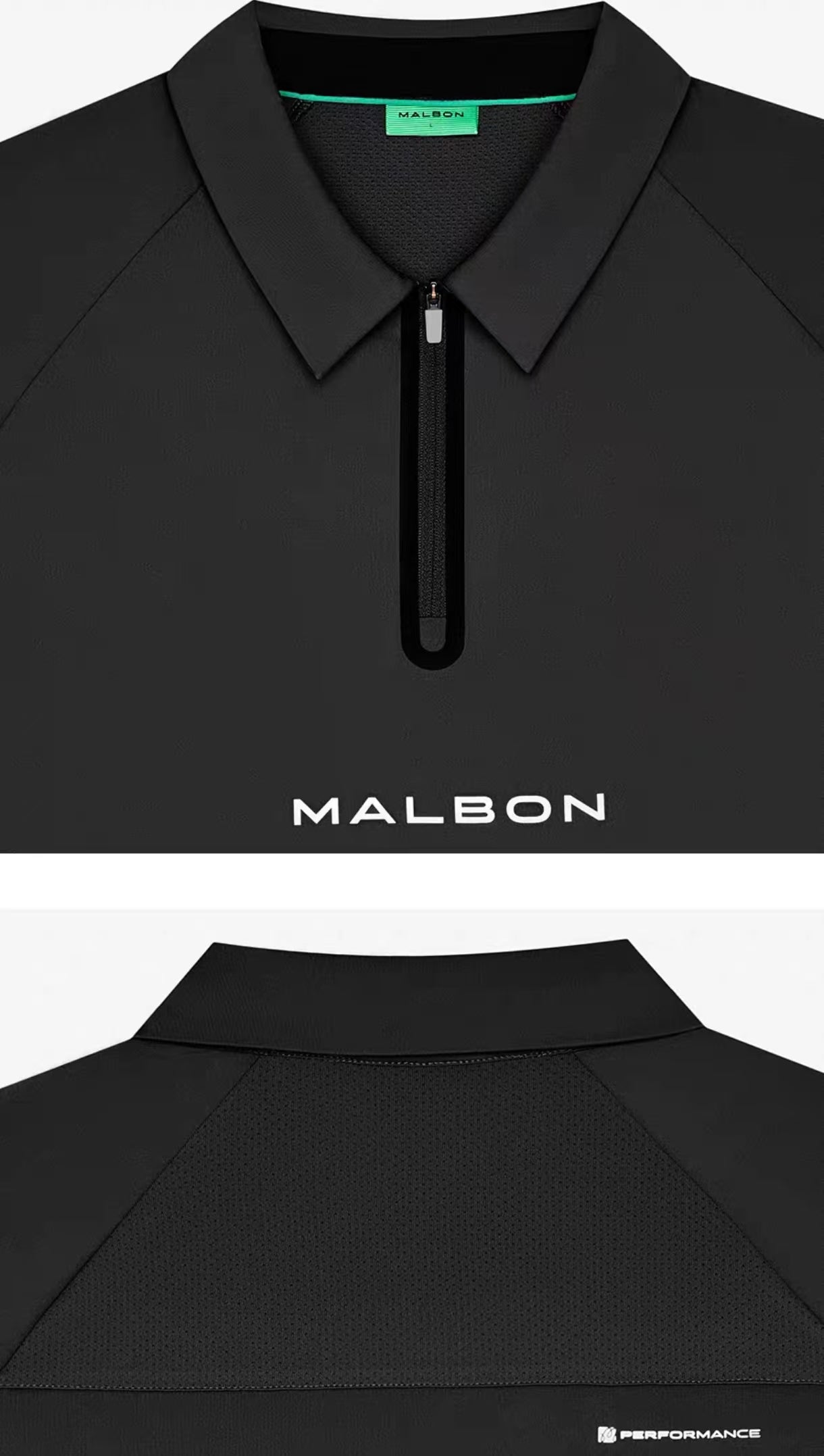 Malbon men's quarter-zip golf polo shirt in Black, trim and stitching detail