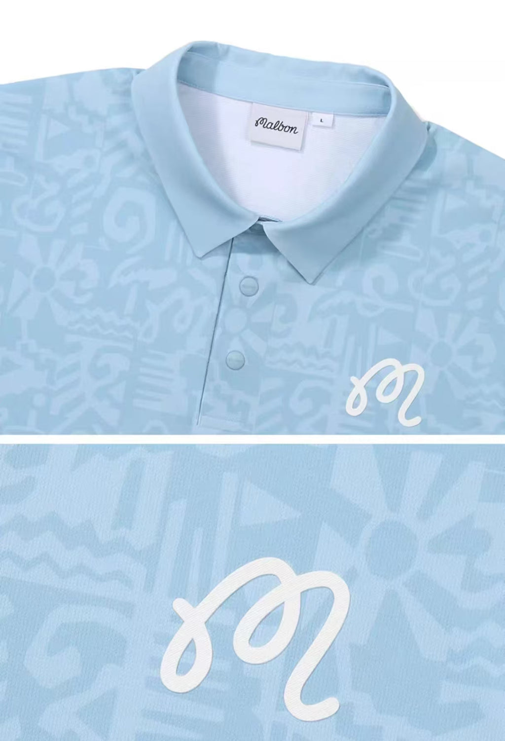 Malbon men's digital print casual golf polo shirt in Blue, logo and fabric detail