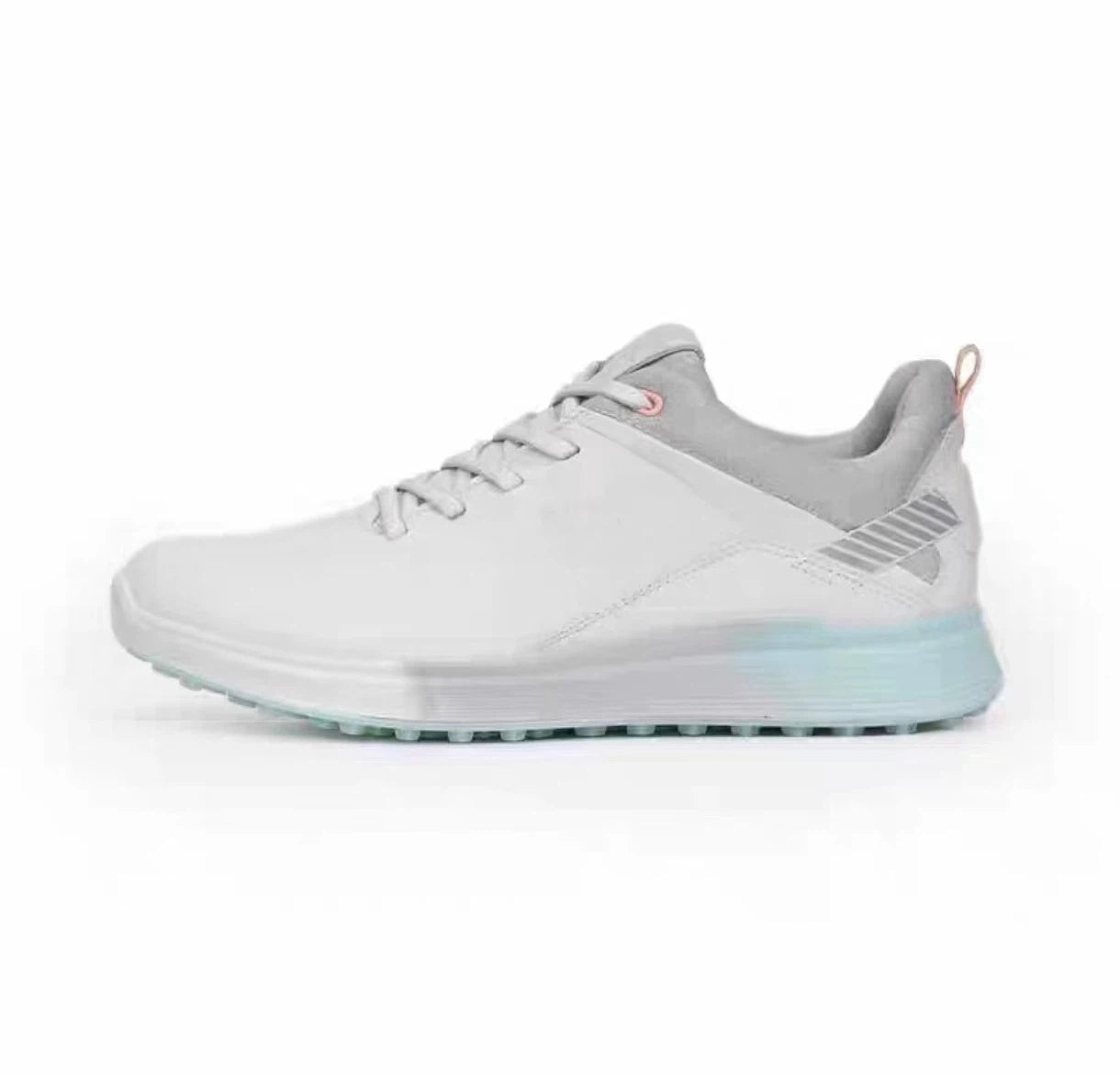 women’s leather anti-slip golf shoes in White & Blue, side profile