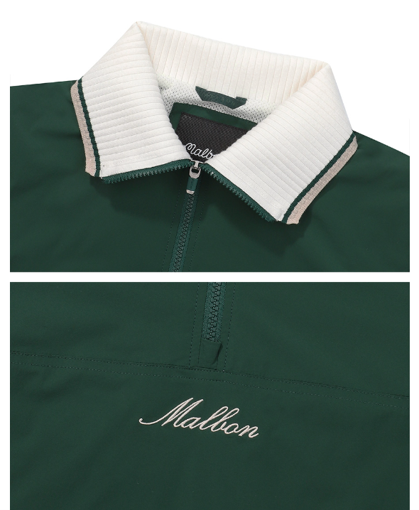 Malbon women's oversized collar casual sporty golf sweatshirt in Green, collar and logo detail