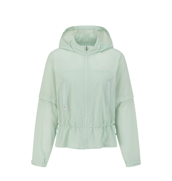 Malbon women's slim-fit UV-protection breathable hoodie in Light Green, lifestyle view