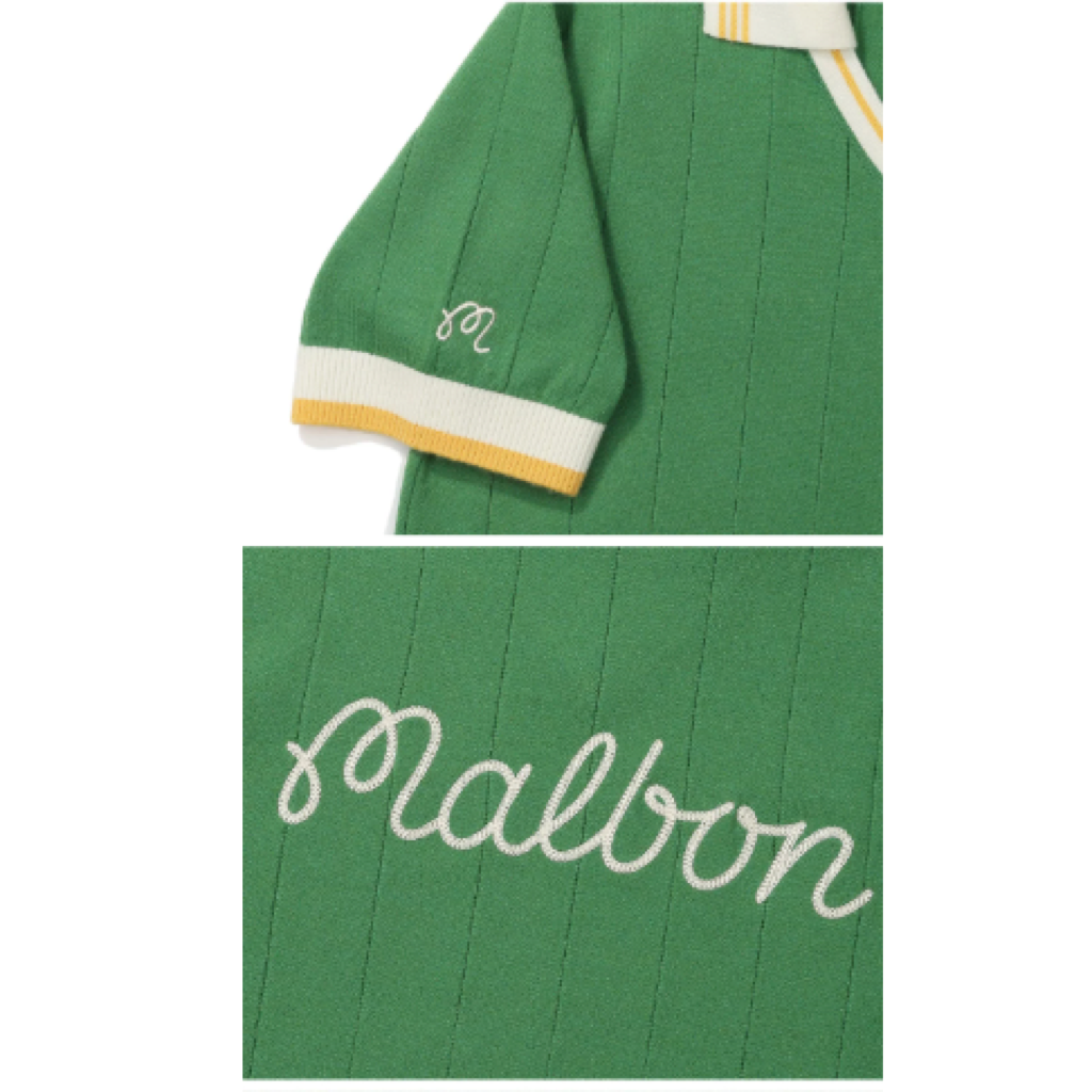 Malbon Striped Knit Polo Green striped knit golf polo detail view