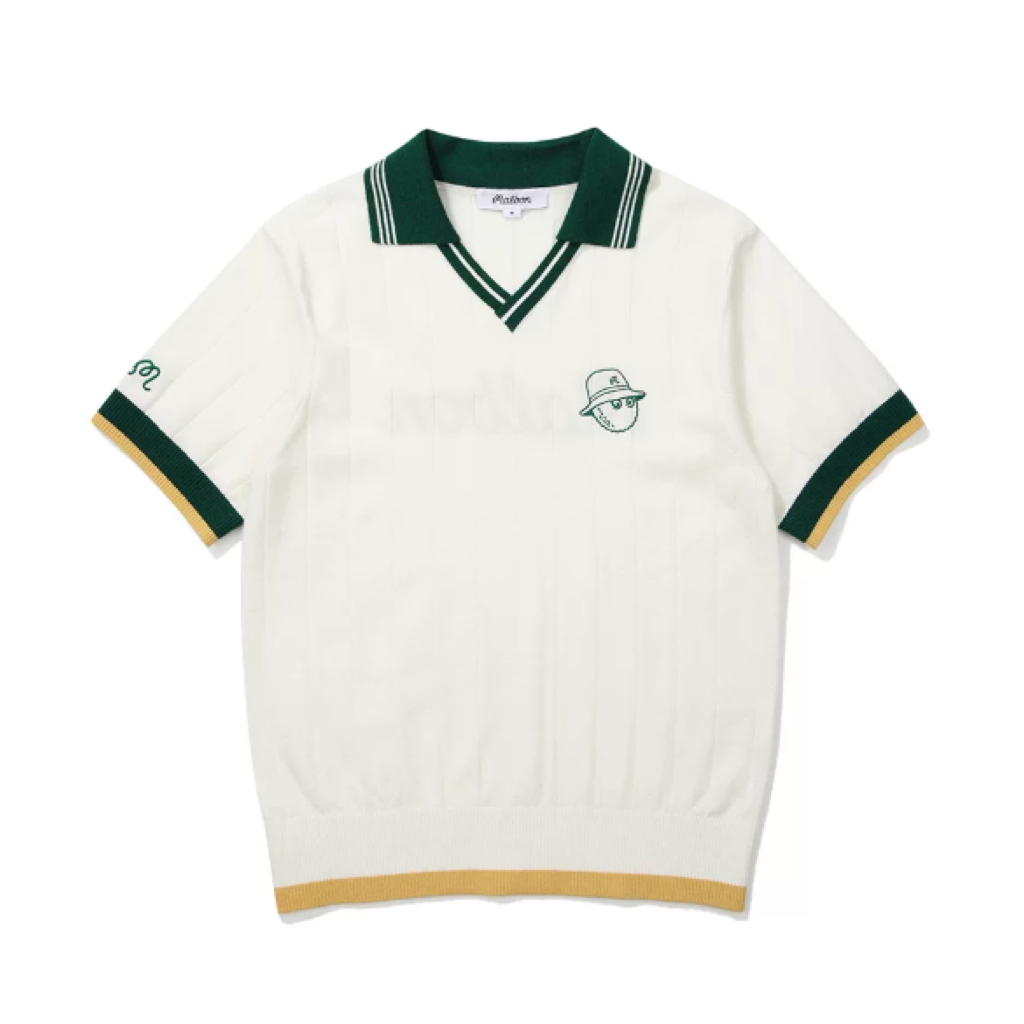 Malbon Striped Knit Polo White striped knit golf polo front view