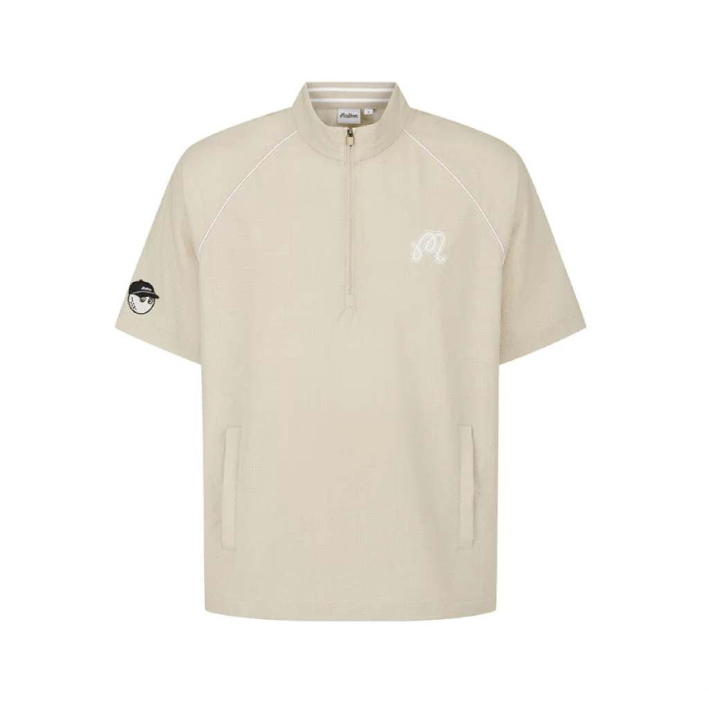 Malbon Studio Seoul Seersucker-Knit Hybrid Windshirt Beige hybrid golf windshirt front view