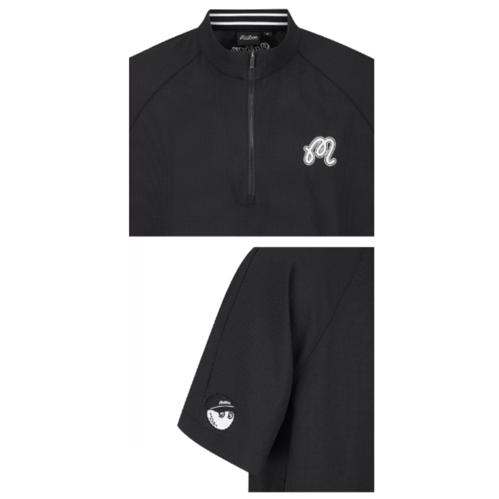 Malbon Studio Seoul Seersucker-Knit Hybrid Windshirt Black hybrid golf windshirt detail view