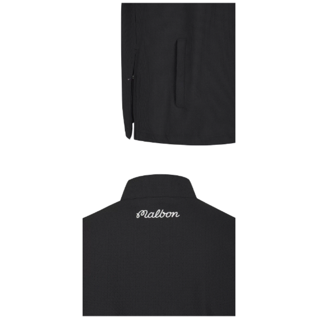 Malbon Studio Seoul Seersucker-Knit Hybrid Windshirt Black hybrid golf windshirt detail view